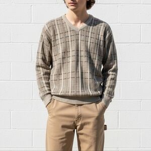 Vintage 90s Beige Grandpa Sweater Mens Preppy V-Neck Eclectic Size Medium